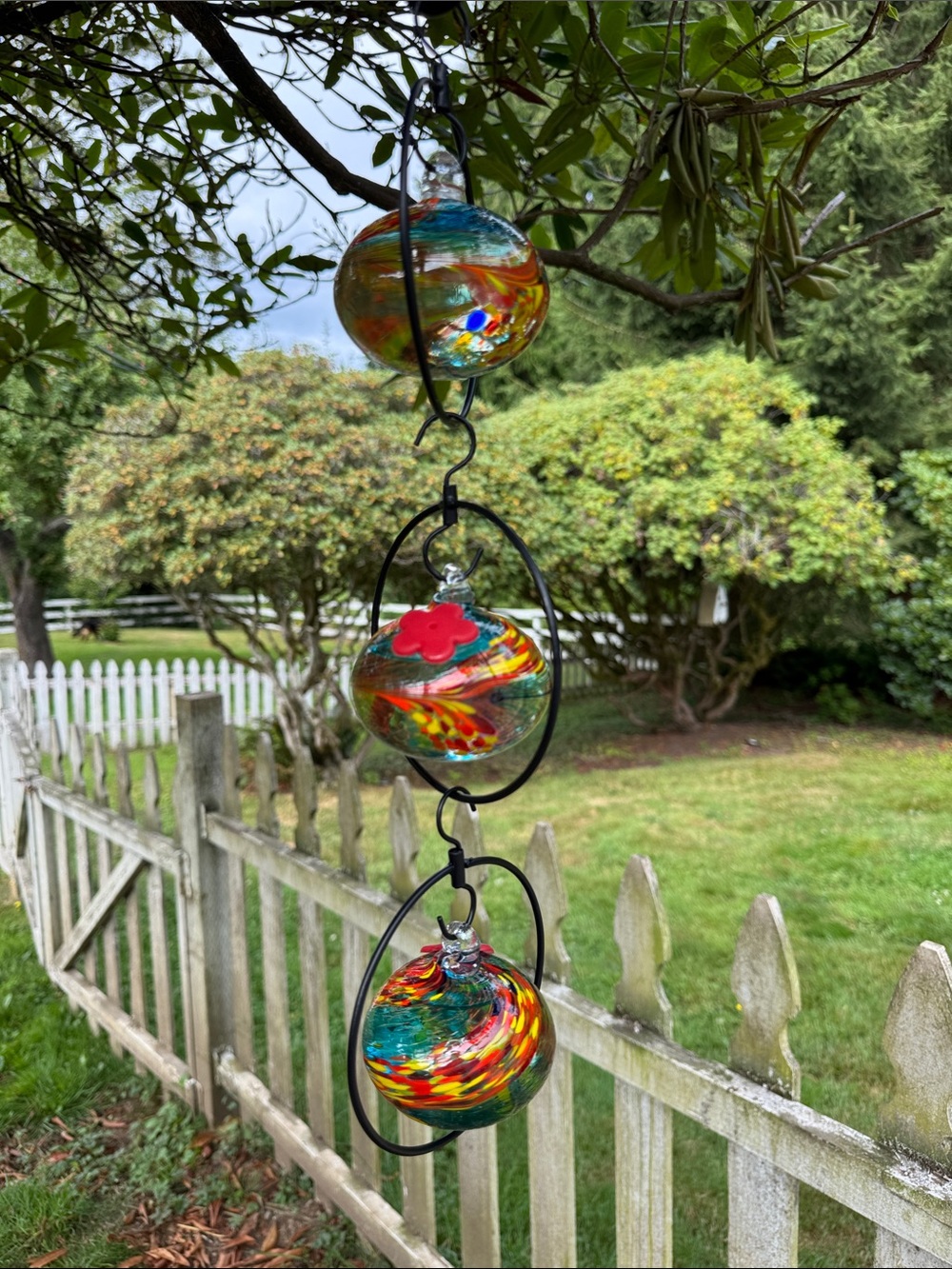 Handblown Multicolor Glass Hummingbird Feeders  - Set of 3